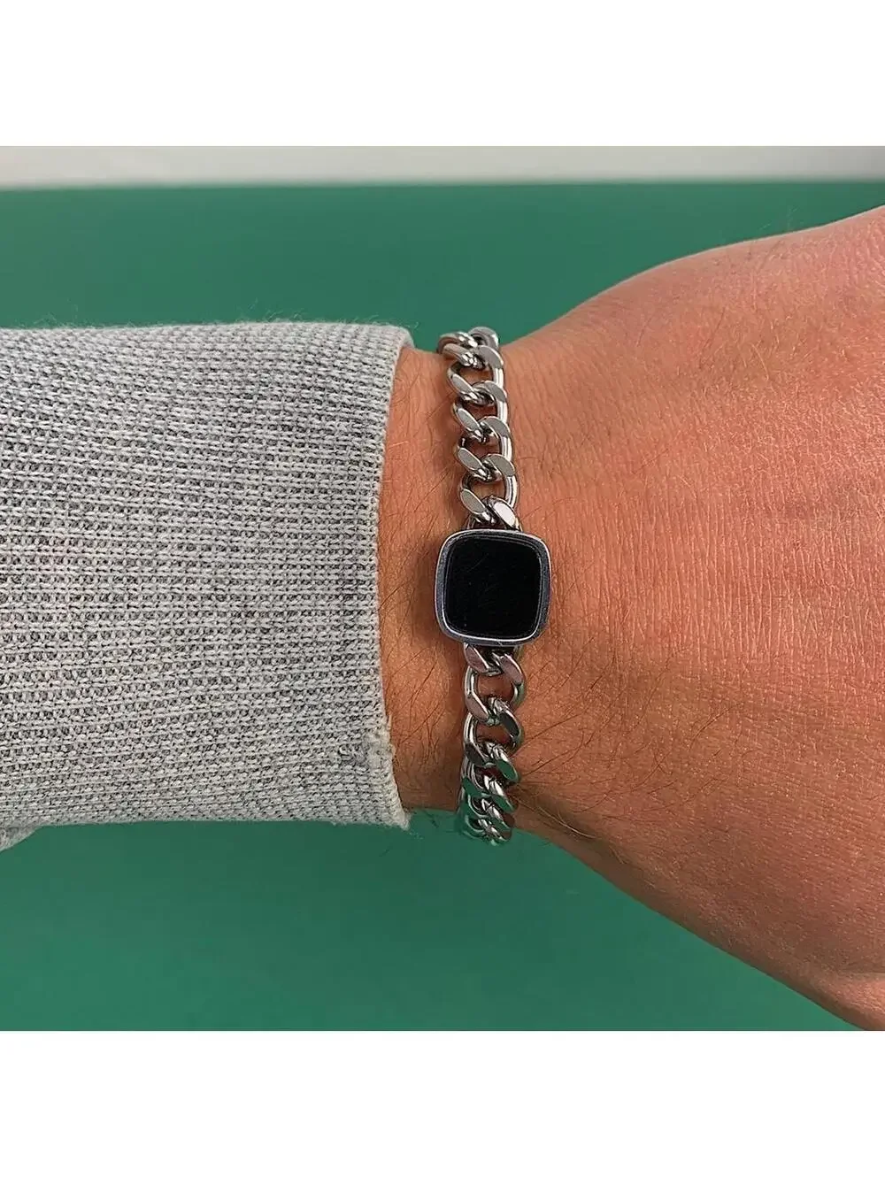 Y2k Vintage style Stainless Steel Silver Cuban Link Black Square Opal Bracelet.